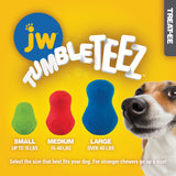 A promotional image for JW Tumble Teez by Jw shows dog chew toys perfect for treat dispensing in small (green, up to 15 lbs), medium (red, 15-40 lbs), and large (blue, over 40 lbs) sizes. A dogs face is on the right against a bright yellow backdrop.
