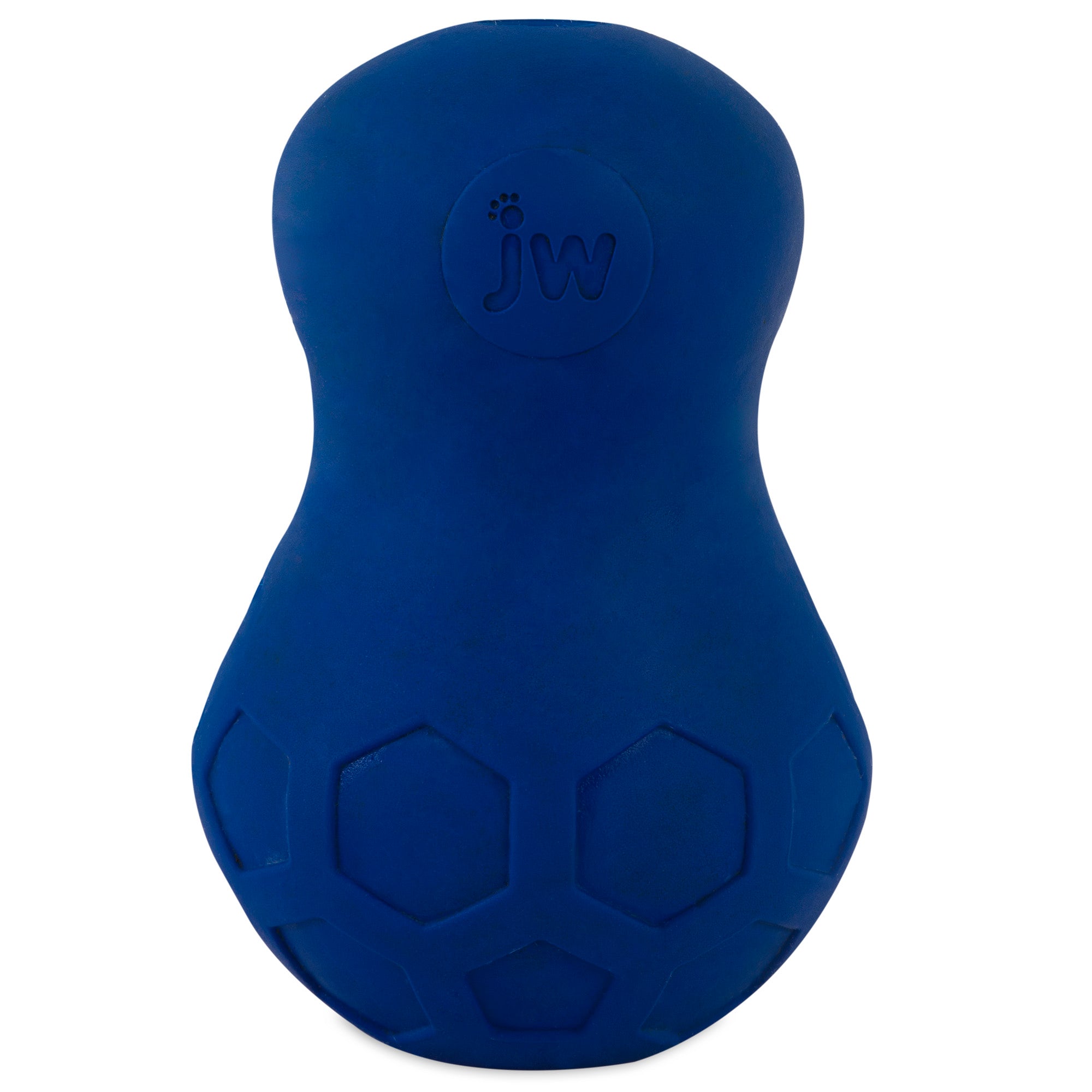 The JW Tumble Teez Dog Toy by Jw is a blue rubber toy with a peanut shape, featuring hexagonal patterns on the round bottom and a jw logo near the narrow top, serving as both a puzzle toy and treat dispenser for endless fun.
