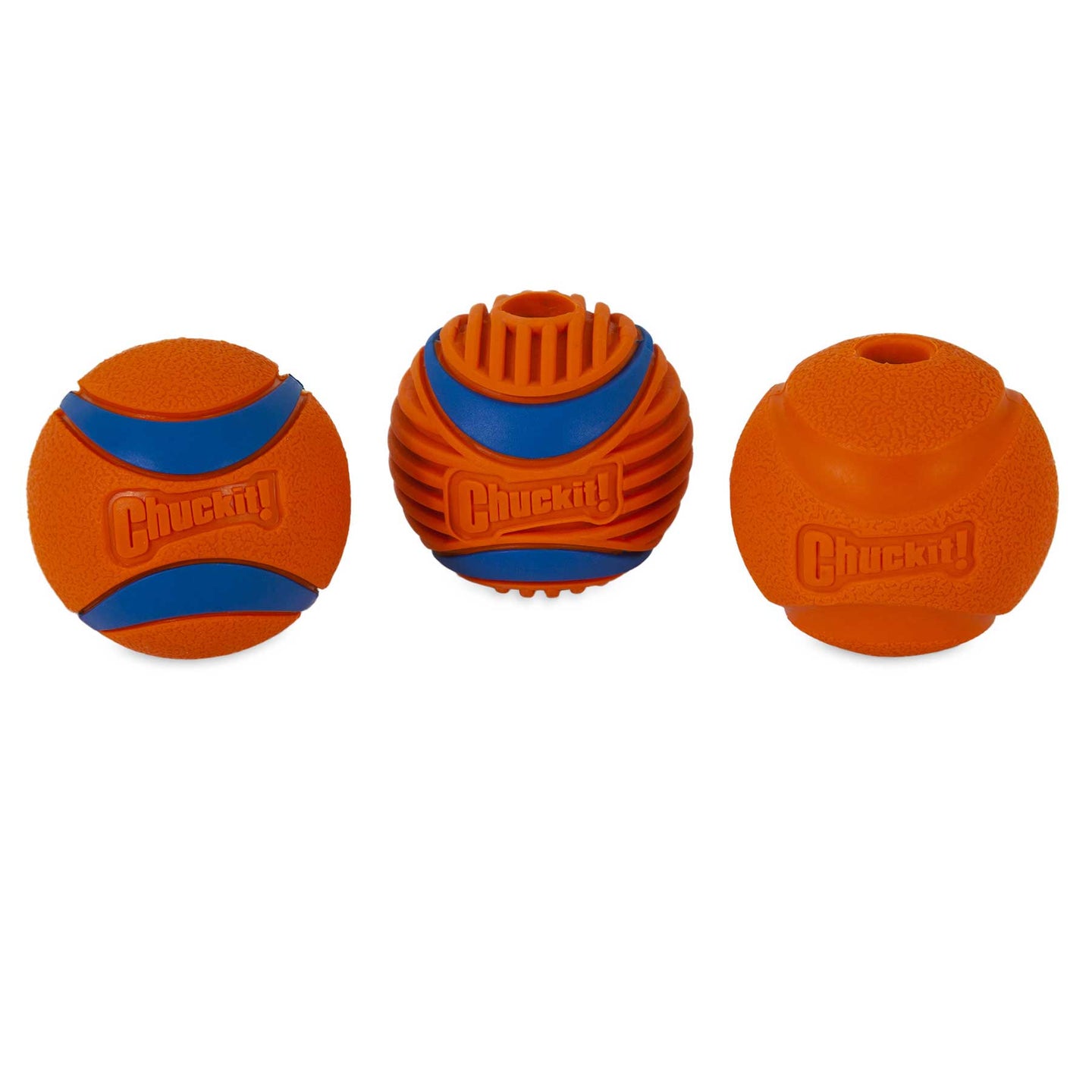 Displayed are three orange Chuckit! Fetch Medley Gen 3 balls, each with unique blue accents: one has curved lines, another features a rugged texture, and the third Ultra Ball showcases a flat surface with a central hole.