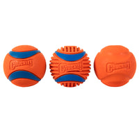 Three Fetch Medley Gen 3 Chuckit! balls have unique textures: smooth with blue stripes, ridged, and dimpled. Each fits the Chuckit! Classic Dog Ball Launcher perfectly, with the logo embossed.