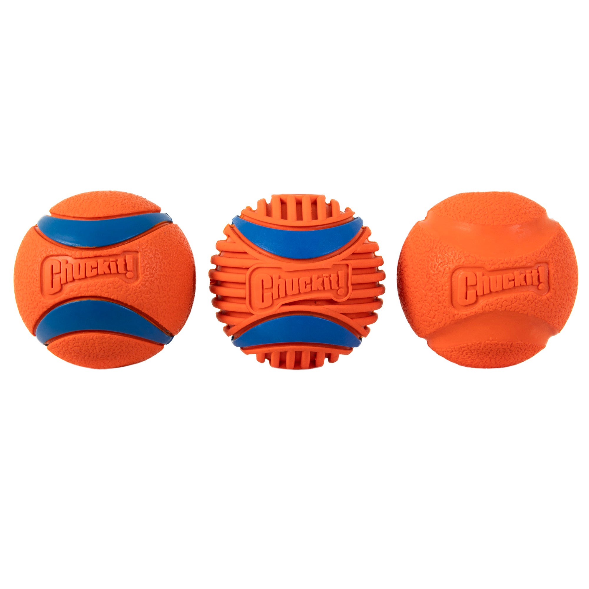 Three Fetch Medley Gen 3 Chuckit! balls have unique textures: smooth with blue stripes, ridged, and dimpled. Each fits the Chuckit! Classic Dog Ball Launcher perfectly, with the logo embossed.