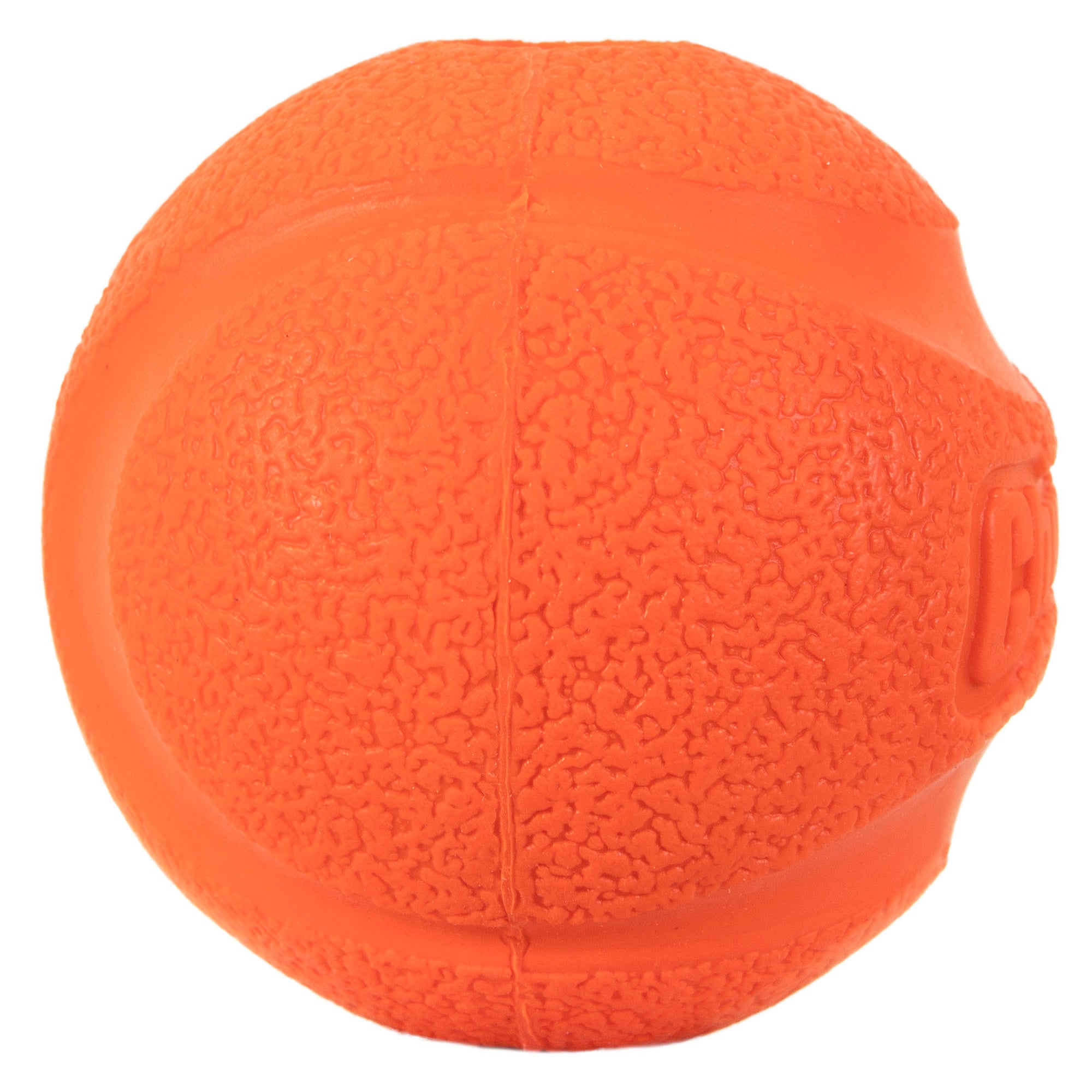 Close-up of an orange textured rubber ball with grooves, ideal for the Chuckit! Classic Dog Ball Launcher & Fetch Medley Bundle by Chuckit to elevate your dogs playtime.