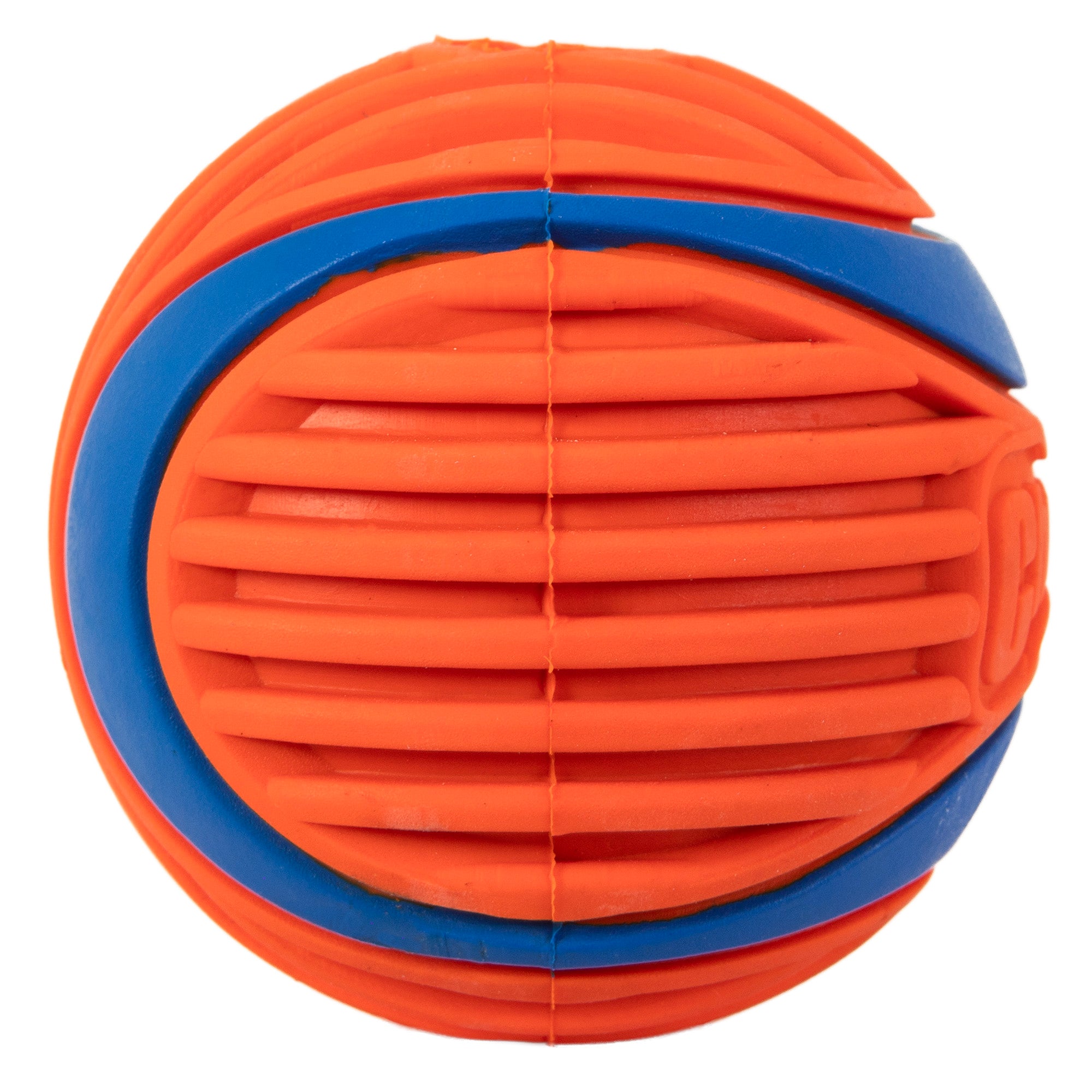 The orange ball features blue curves and a textured surface, ideal for the Chuckit! Classic Dog Ball Launcher & Fetch Medley Bundle by Chuckit.