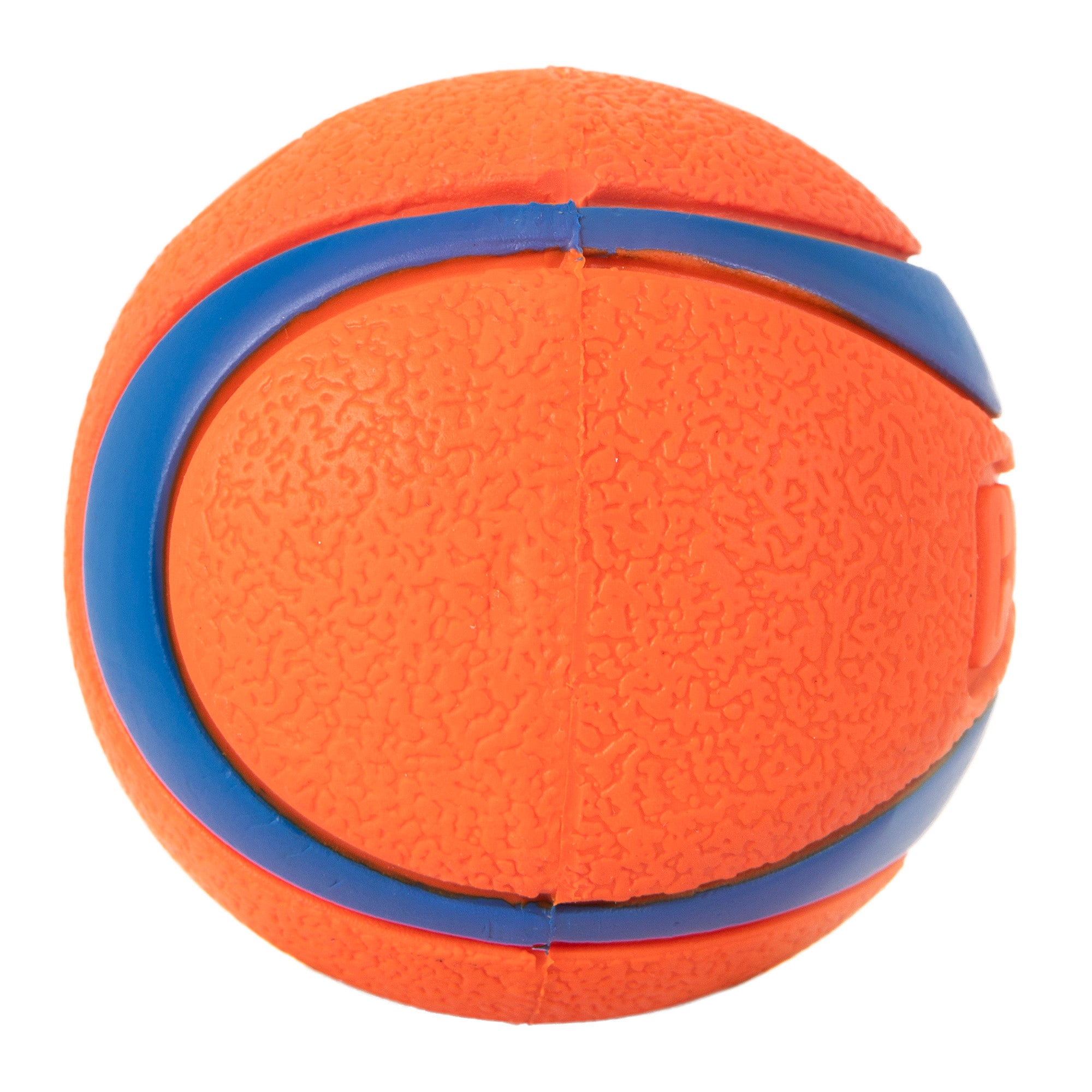 The Chuckit! Classic Dog Ball Launcher & Fetch Medley Bundle features a textured orange ball with a blue curved stripe, perfect for durable play. The rough surface enhances premium fetching, making it an ideal member of any Fetch Medley Gen 3 collection by Chuckit.