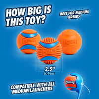Image displaying three orange and blue Chuckit! Fetch Medley Gen 3 dog balls, each 2.5 inches (6.4 cm) in diameter, labeled How big is this toy? Ideal for medium breeds, compatible with all medium launchers, featuring the Rugged Ball from the series against a blue background.