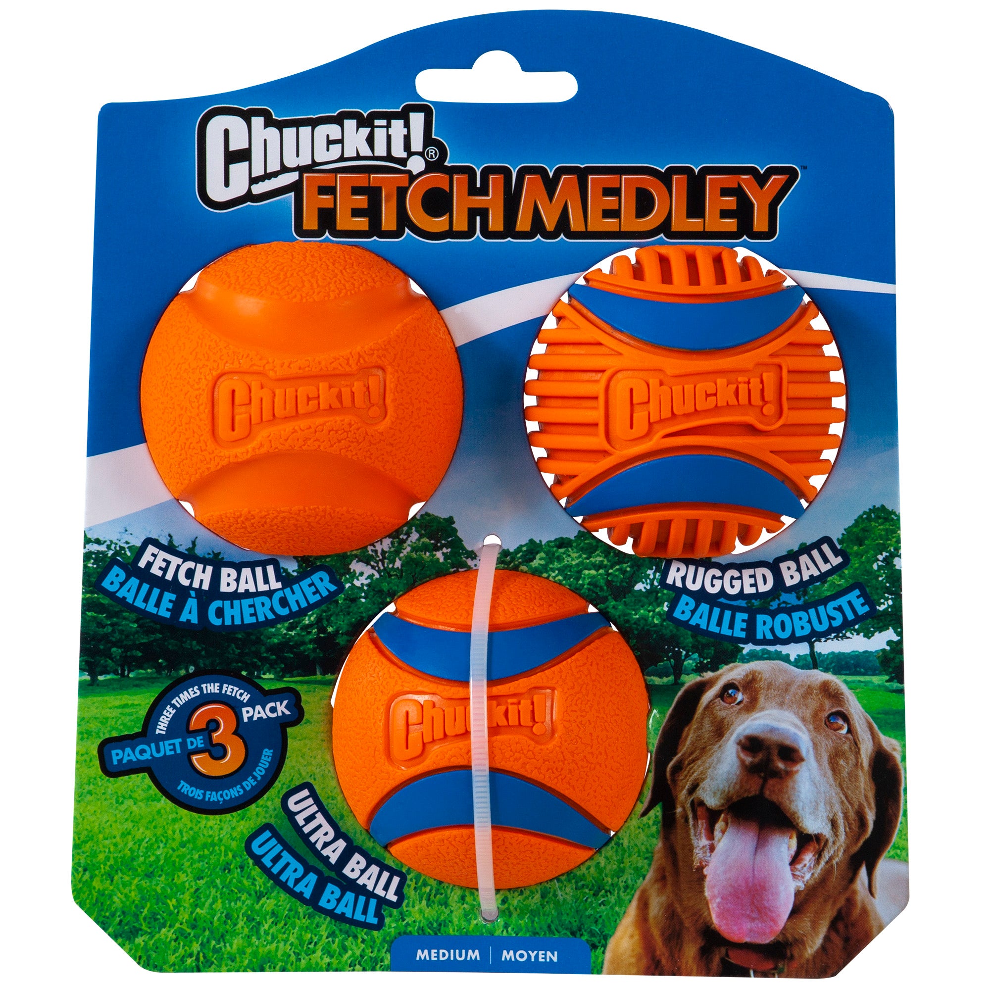 The Chuckit! Classic Dog Ball Launcher & Fetch Medley Bundle packaging highlights three premium balls: a textured fetch ball, a rugged ball with ridges, and an ultra ball. Compatible with the launcher, its a medium-sized 3-pack featuring a happy dog photo on the bottom right corner.