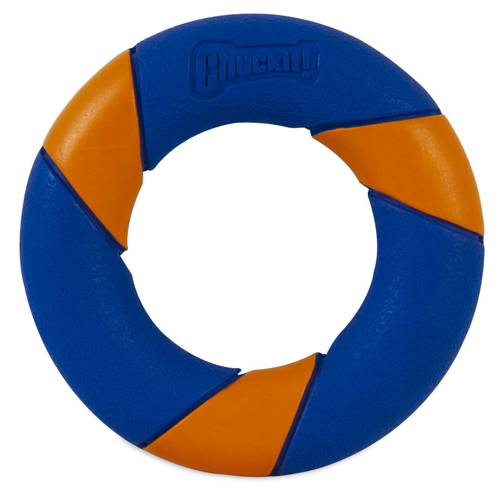 Introducing the durable, blue and orange Chuckit! Ultra Squeaker Ring by Chuckit, featuring a textured circular design with an alternating color pattern and the embossed Chuckit! logo—perfectly suited for exciting play sessions.