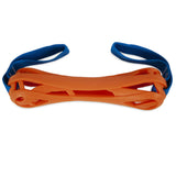 The Chuckit! Air Bumper Dog Toy by Chuckit is an orange, bone-shaped rubber toy featuring a lattice design for easy grip. It includes blue nylon straps on both ends, making it durable and ideal for fetch games with dogs.