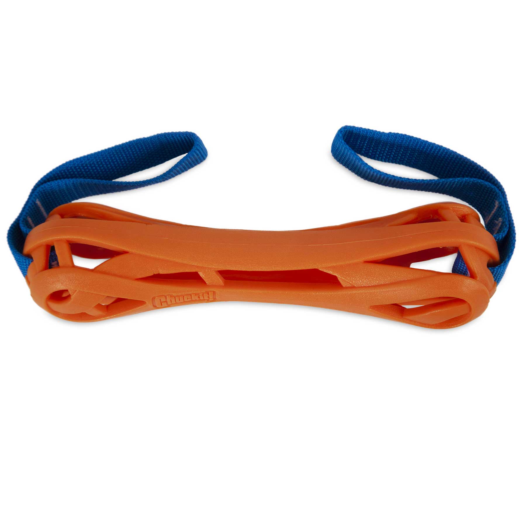 The Chuckit! Air Bumper Dog Toy by Chuckit is an orange, bone-shaped rubber toy featuring a lattice design for easy grip. It includes blue nylon straps on both ends, making it durable and ideal for fetch games with dogs.