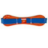 The Chuckit! Air Bumper Dog Toy, by Chuckit, features a bright orange flat, curved frame with a blue adjustable handle and white plastic ties. Made from durable rubber, this modern toy is perfect for fitness enthusiasts or fetch games with your dog.