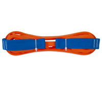 The Chuckit! Air Bumper Dog Toy, by Chuckit, features a bright orange flat, curved frame with a blue adjustable handle and white plastic ties. Made from durable rubber, this modern toy is perfect for fitness enthusiasts or fetch games with your dog.