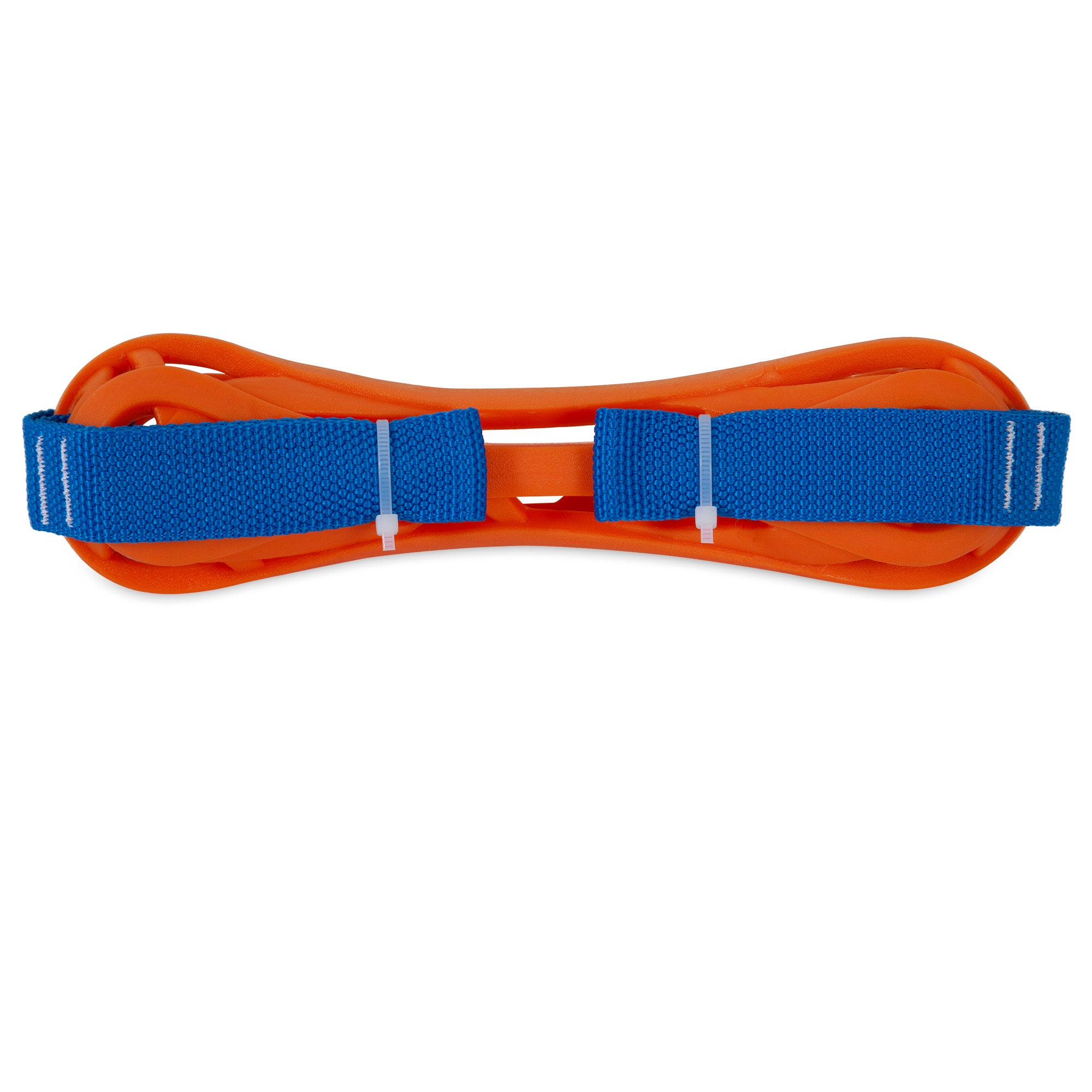 The Chuckit! Air Bumper Dog Toy, by Chuckit, features a bright orange flat, curved frame with a blue adjustable handle and white plastic ties. Made from durable rubber, this modern toy is perfect for fitness enthusiasts or fetch games with your dog.