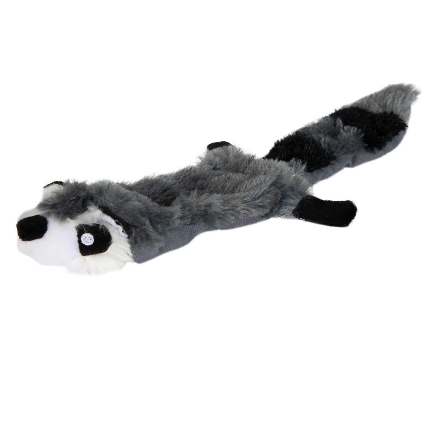The Hyperpet Hyper Pet Critter Skinz Raccoon Large Dog Toy is a stuffing-free, gray and white raccoon plush with black markings and a long tail. Its realistic design resembles the animal, laying flat on a white backdrop.