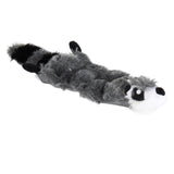 The Hyperpet Hyper Pet Skinz Super Squeaker Raccoon is a gray and black plush dog toy with a white face, black ears, striped tail, and stuffing-free design. Part of the Super Squeaker Critter Skinz collection, it offers a soft, furry texture and lifelike appearance perfect for playtime.