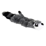 The Hyperpet Hyper Pet Skinz Super Squeaker Raccoon is a gray and black plush dog toy with a white face, black ears, striped tail, and stuffing-free design. Part of the Super Squeaker Critter Skinz collection, it offers a soft, furry texture and lifelike appearance perfect for playtime.
