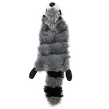 A gray and black Hyper Pet Skinz Super Squeaker Raccoon toy by Hyperpet lies on a white background. Featuring distinct black stripes and a fluffy texture, this lifelike, stuffing-free raccoon is perfect for irresistible playtime in the Super Squeaker Critter Skinz collection.