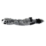Introducing the Hyper Pet Skinz Super Squeaker Raccoon from Hyperpet. This lifelike, stuffing-free dog toy has a gray, fluffy body, black and white facial details, and a black-tipped tail. Perfectly capturing a raccoon’s essence, it’s laid flat on a pristine white background.