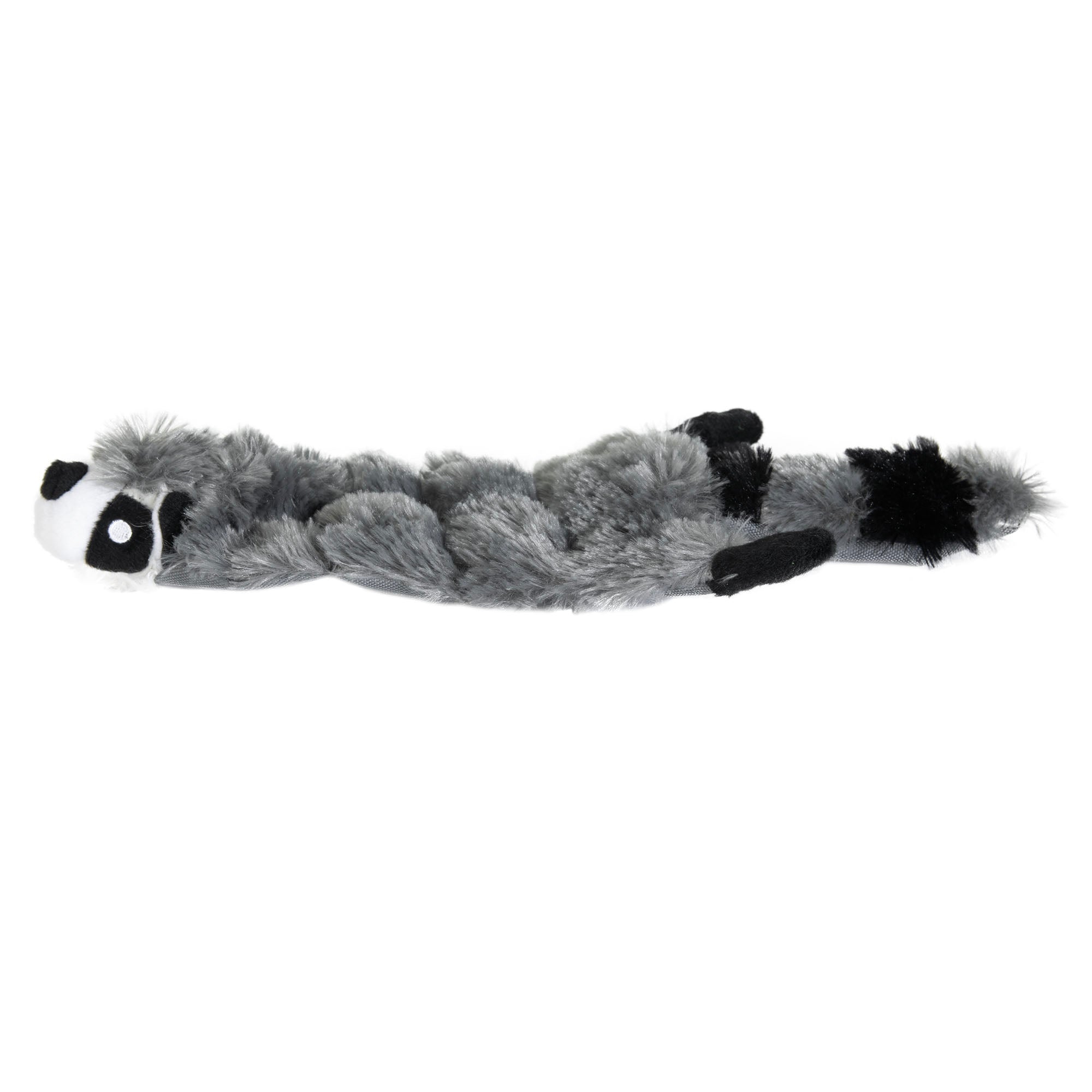 Introducing the Hyper Pet Skinz Super Squeaker Raccoon from Hyperpet. This lifelike, stuffing-free dog toy has a gray, fluffy body, black and white facial details, and a black-tipped tail. Perfectly capturing a raccoon’s essence, it’s laid flat on a pristine white background.