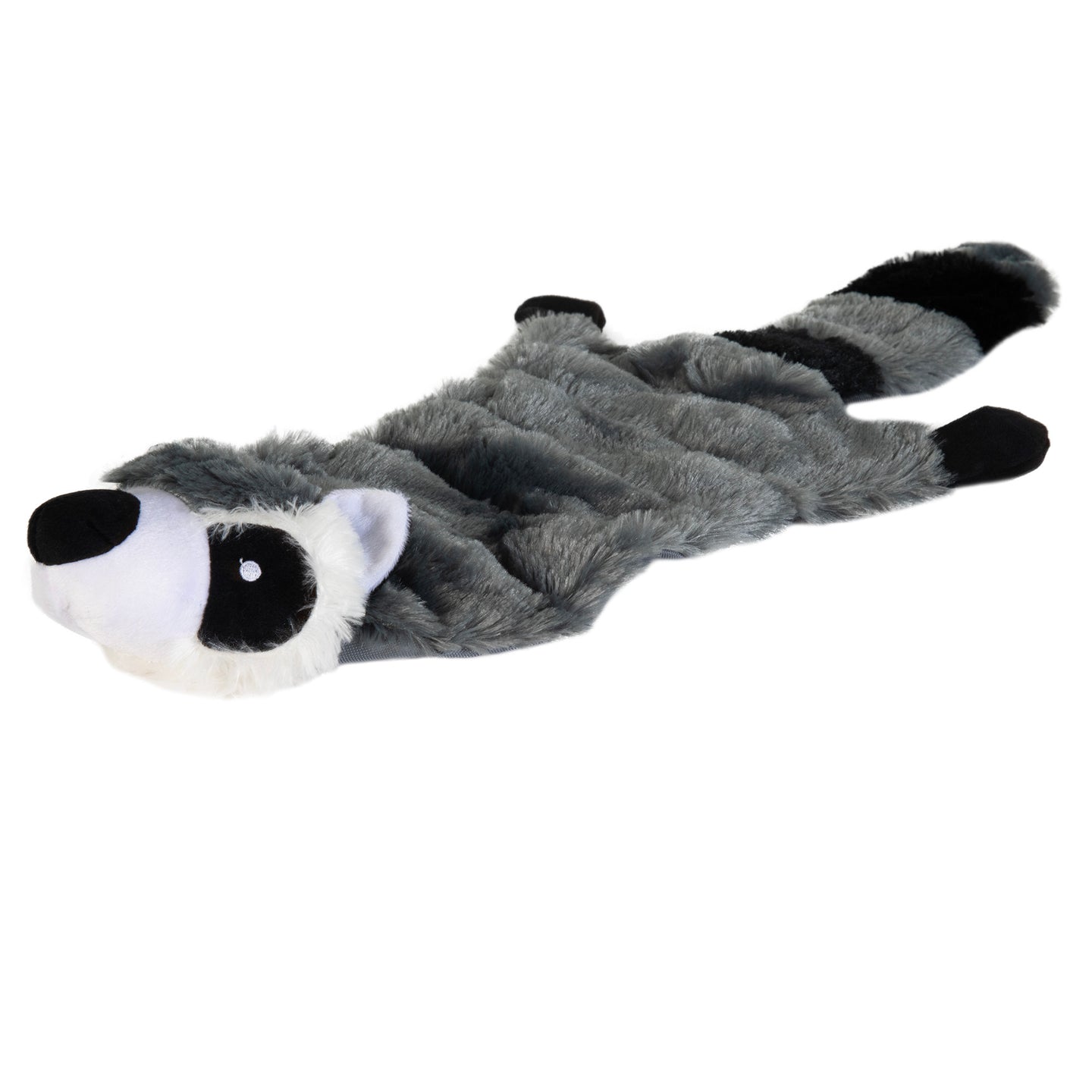Meet the Hyper Pet Skinz Super Squeaker Raccoon by Hyperpet—a stuffing-free dog toy featuring a gray body with black and white accents on its face and tail. This plush raccoon has a soft, textured appearance to captivate your pup.