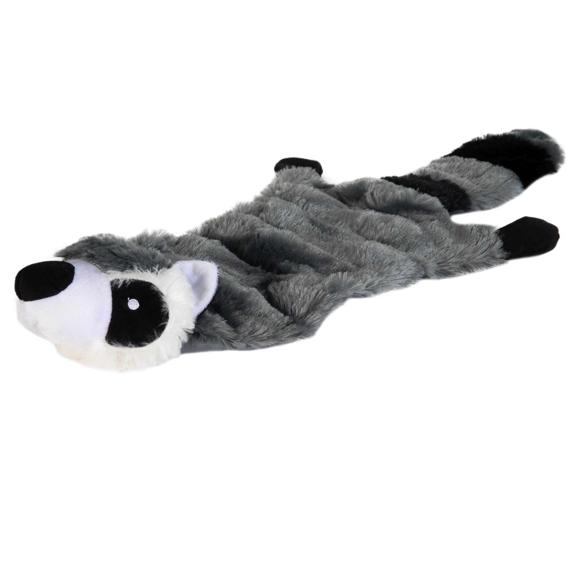 Meet the Hyper Pet Skinz Super Squeaker Raccoon by Hyperpet—a stuffing-free dog toy featuring a gray body with black and white accents on its face and tail. This plush raccoon has a soft, textured appearance to captivate your pup.