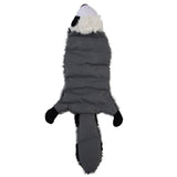 Introducing the Hyperpet Skinz Super Squeaker Raccoon: a lifelike, stuffing-free dog toy with a gray body, black legs and tail, and white face. Ready for playtime fun!.