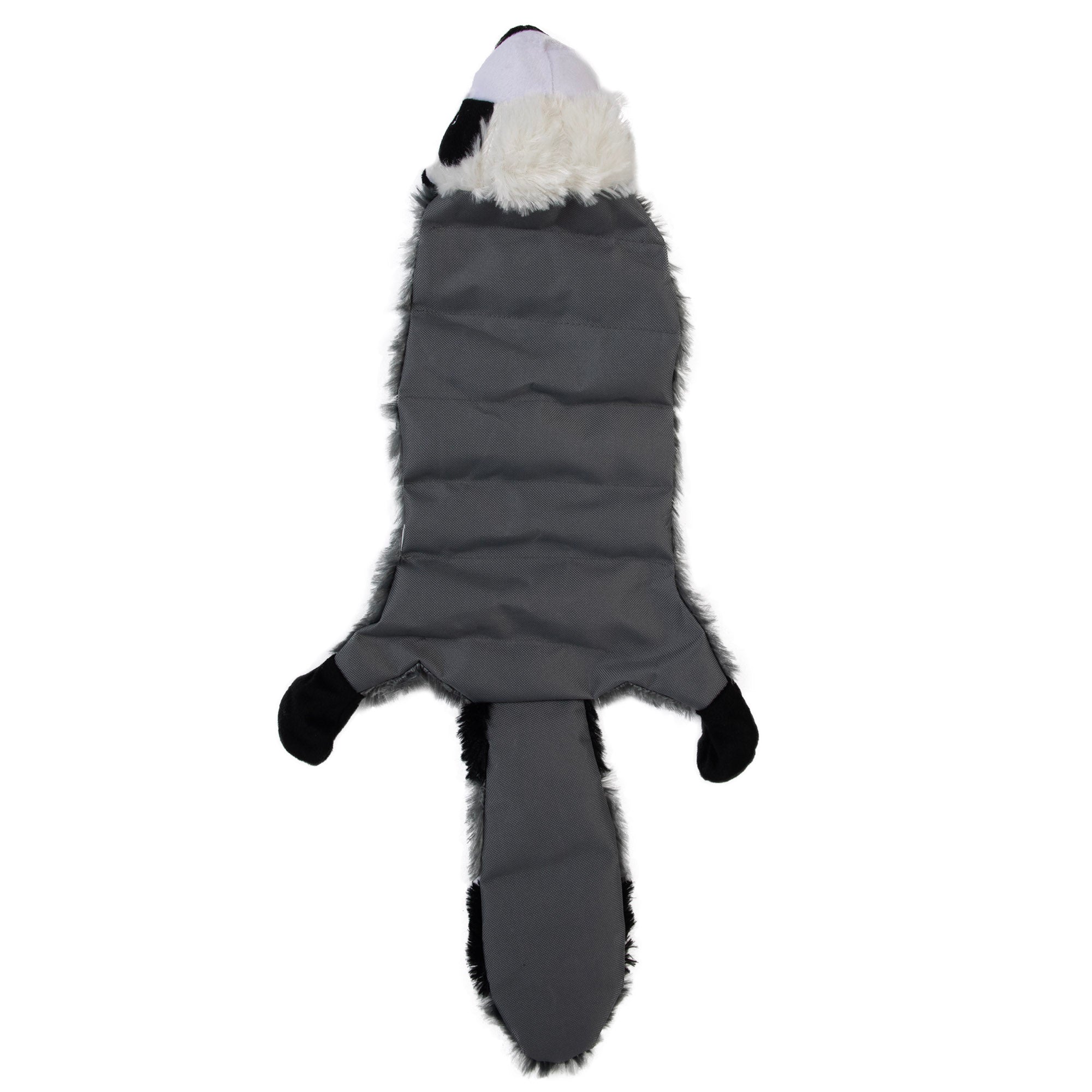 Introducing the Hyperpet Skinz Super Squeaker Raccoon: a lifelike, stuffing-free dog toy with a gray body, black legs and tail, and white face. Ready for playtime fun!.