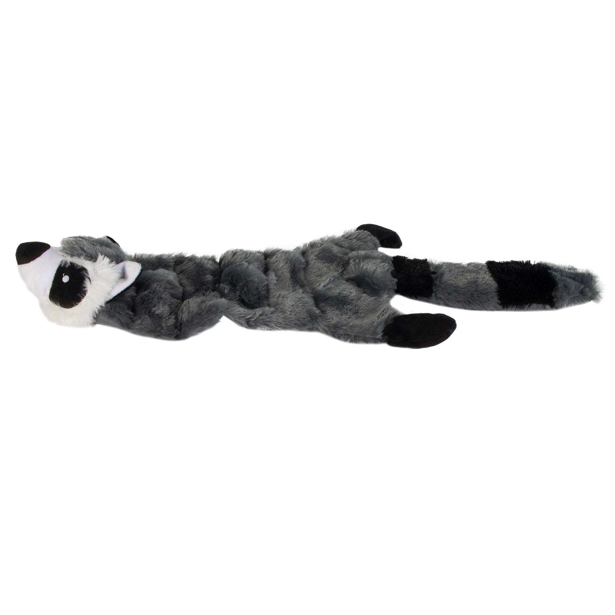Introducing the Hyperpet Hyper Pet Skinz Super Squeaker Raccoon, a lifelike, stuffing-free dog toy with gray fur and distinct black and white facial details. Its floppy limbs and bushy tail make it perfect for playful pups.