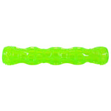 The Hyper Pet Dura-Squeaks Stick Dog Toy from Hyperpet is a bright lime green, textured toy shaped like a long bone with a squeaker. It features durable raised patterns for grip and stimulation.