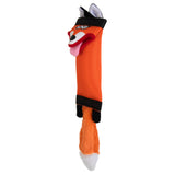 The Hyperpet Fire Hose Friends Fox Dog Toy resembles a golf club headcover with an orange body, white-tipped tail, black accents, large cartoon eyes, a red tongue sticking out, and pointy ears.