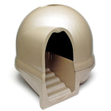 The Petmate Booda Cleanstep Litter Dome for Cats by Petmate is a beige, igloo-like design featuring a dome shape with a staircase to the entrance. It ensures privacy with its closed dome and includes a charcoal filter for odor control. Its smooth, shiny surface allows easy maintenance.