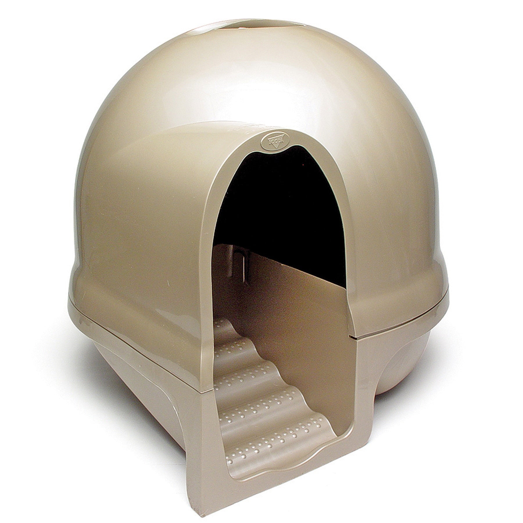 The Petmate Booda Cleanstep Litter Dome for Cats by Petmate is a beige, igloo-like design featuring a dome shape with a staircase to the entrance. It ensures privacy with its closed dome and includes a charcoal filter for odor control. Its smooth, shiny surface allows easy maintenance.