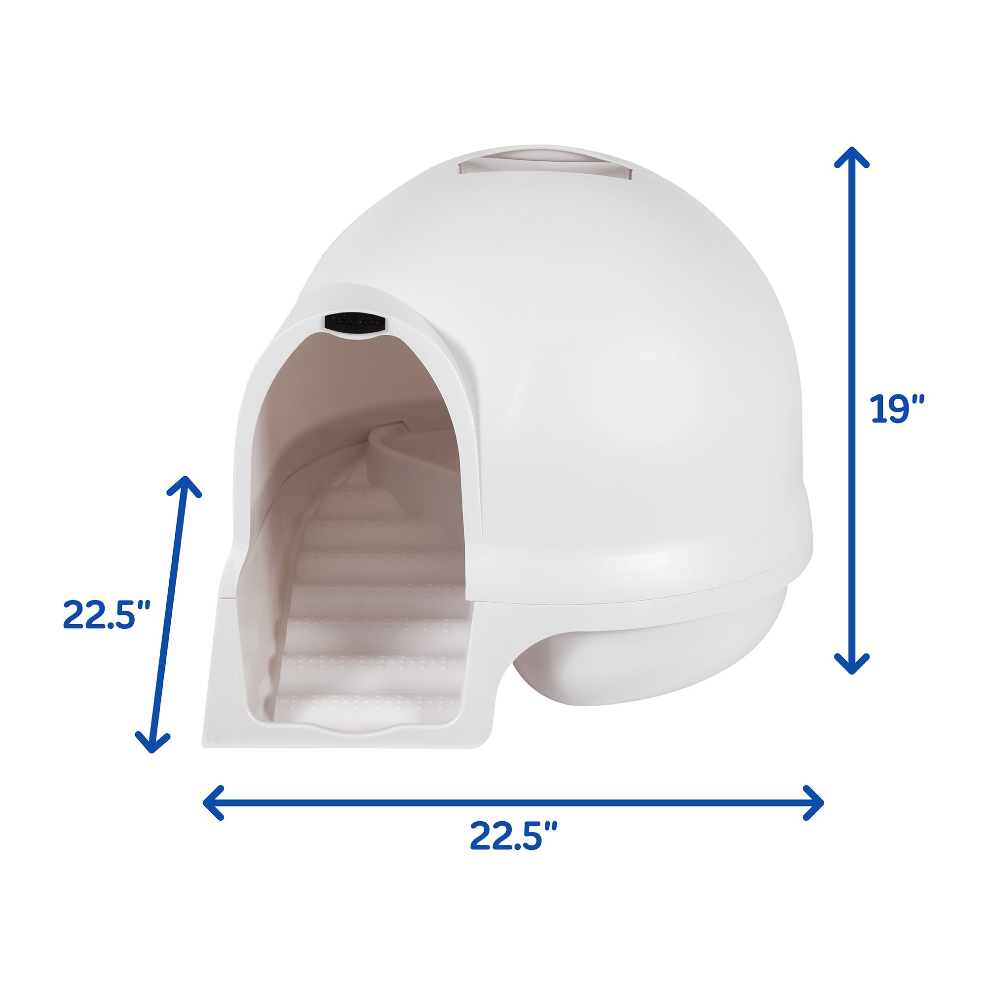 The Petmate Booda Cleanstep Litter Dome for Cats by Petmate features an enclosed dome design and a textured ramp. It includes a charcoal filter for odor control, measuring 22.5 wide, 22.5 deep, and 19 tall to ensure your cats privacy in style.
