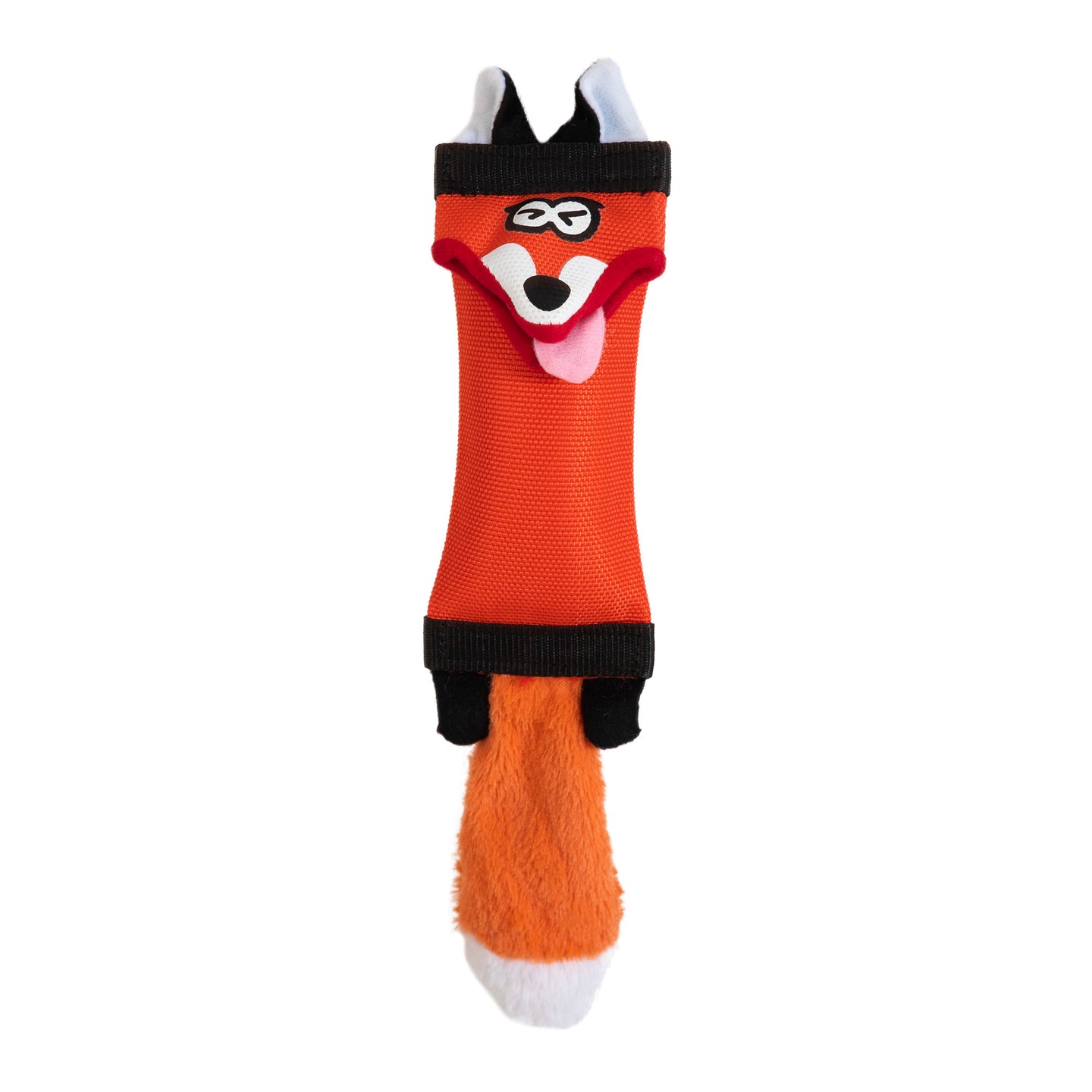 The Hyperpet Fire Hose Friends Fox Dog Toy is a plush, durable toy featuring an orange fox with a white-tipped tail, black ears, a playful expression with its tongue out, and whimsical glasses—perfect for interactive play.