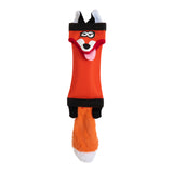 The Hyperpet Fire Hose Friends Fox Dog Toy is a plush, durable toy featuring an orange fox with a white-tipped tail, black ears, a playful expression with its tongue out, and whimsical glasses—perfect for interactive play.