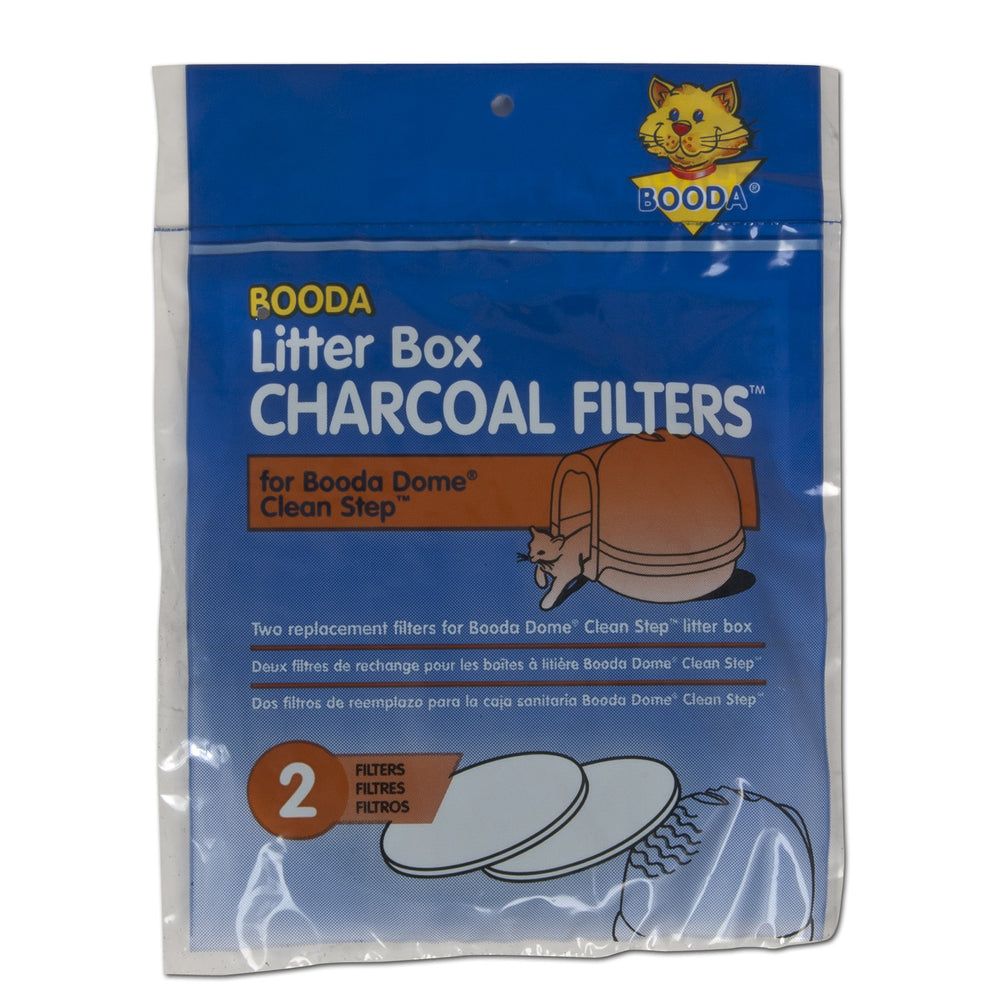 The Petmate Cleanstep Litter Box Filters 2 Pack features a blue package with a cat and litter box illustration. The text is in English, French, and Spanish. These non-toxic filters by Petmate contain two replacements to effectively combat litter box odors.