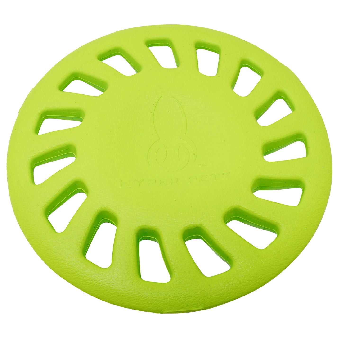 The Hyperpet Chewz Hubcap EVA Foam Dog Toy is a bright green, circular Frisbee with an embossed logo and rectangular edge cutouts. Made from non-toxic materials, its ideal for playtime fun as a dog chew toy.