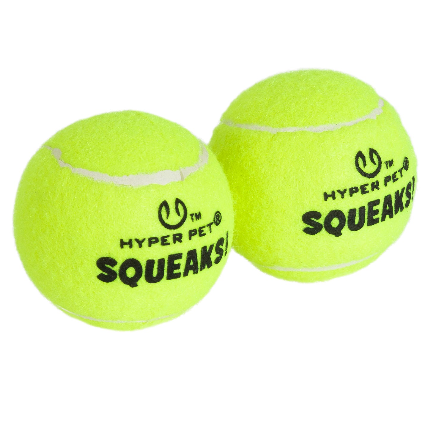 Two bright yellow Hyper Pet Squeaks! Tennis Balls With Squeakers, labeled with HYPER PET SQUEAKS! and a logo above the text, sit side by side.