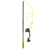 The Hyperpets Hyper Pet Flirt Pole is a retractable silver wand with a green handle and braided green, black, and white rope, ending in a loop and knot for interactive play.