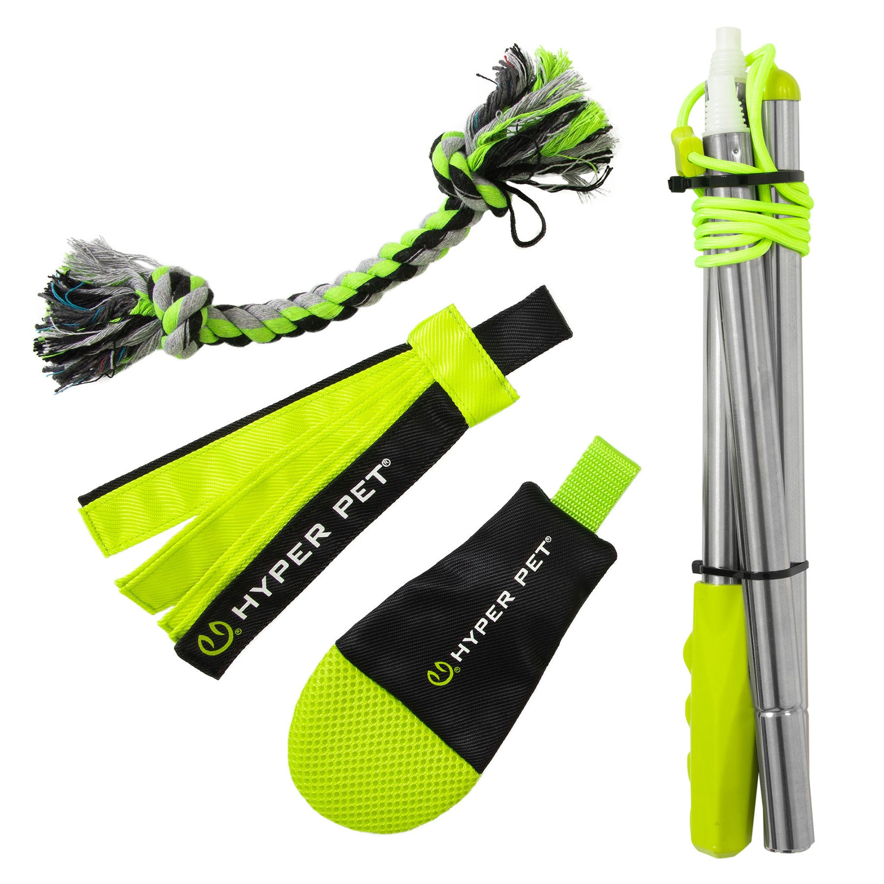 Explore the Hyper Pet collection by Hyperpet for high-energy play, featuring an interactive green and black rope toy, the Hyper Pet Flirt Pole with a foldable metal rod and green grips, plus a coordinating wristband and sleeve, all proudly showcasing the Hyper Pet label.