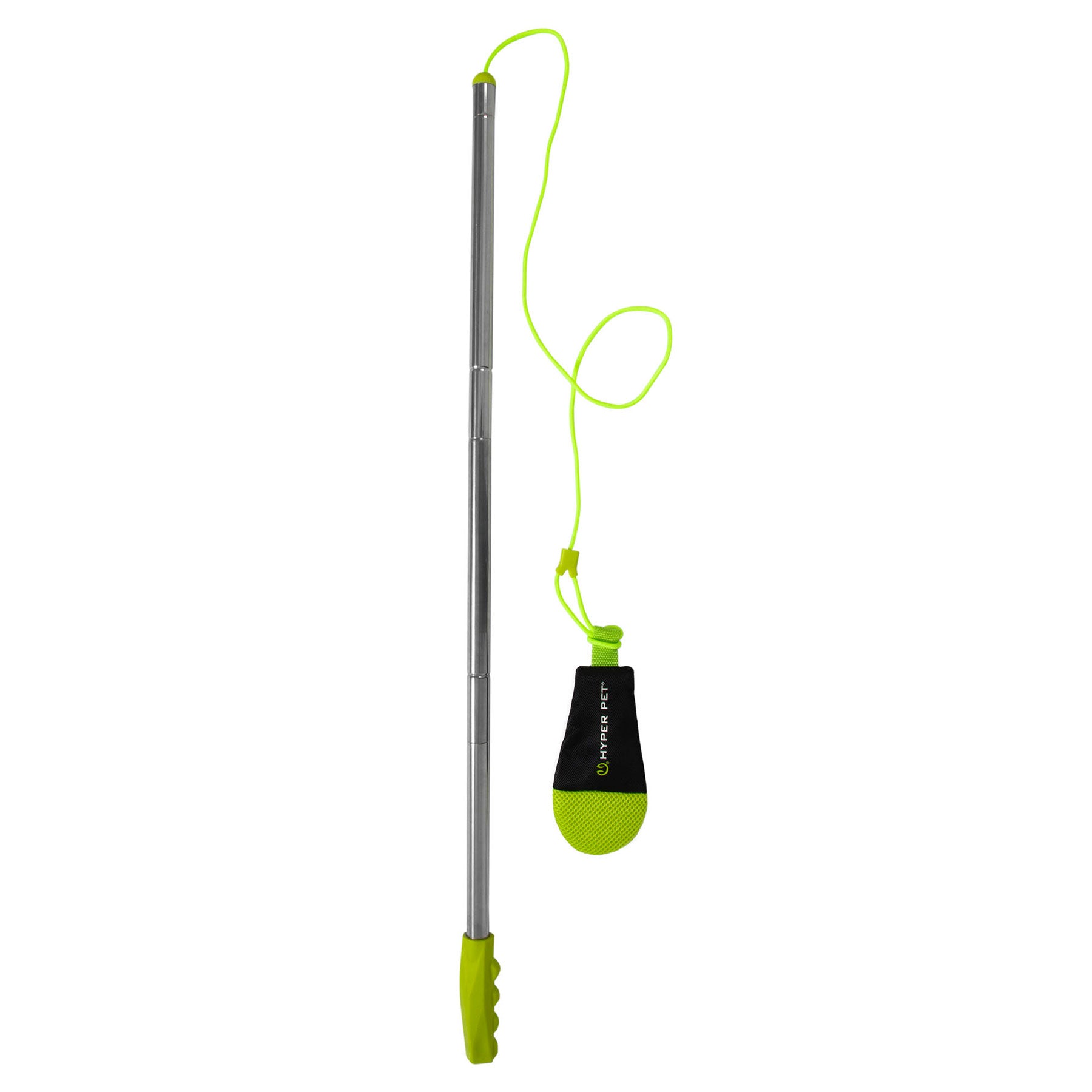 The Hyperpet Flirt Pole, a telescopic pole with a green handle connected to the small launch kit bag by a cord, isnt just any tool; its an interactive dog toy designed for high-energy play to keep your furry friend engaged and entertained.