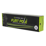The Hyperpet Hyper Pet Flirt Pole is an interactive dog toy for energetic play. Its black packaging, with green accents, displays a dog image, the product name, and a QR code.
