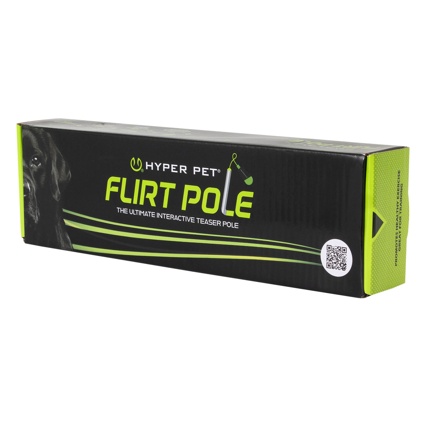 The Hyperpet Hyper Pet Flirt Pole is an interactive dog toy for energetic play. Its black packaging, with green accents, displays a dog image, the product name, and a QR code.