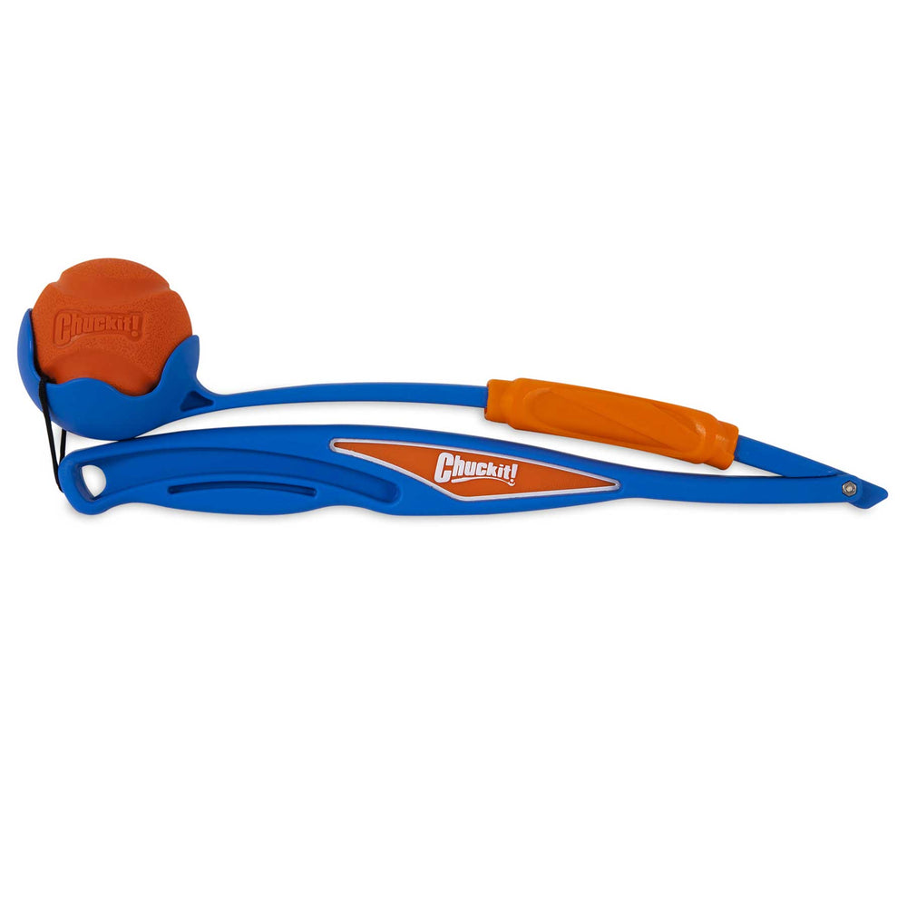 The Chuckit! Fetch & Fold Launcher by Chuckit is a blue and orange dog ball launcher ideal for the park. It has a handle with the Chuckit! logo and an orange rubber ball in a cup at the end, ensuring effortless fetch fun with your furry friend.