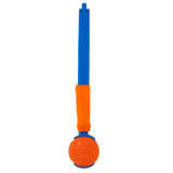 The Chuckit Fetch & Fold Launcher in blue and orange stands upright, featuring a matching ball. Its blue handle with an orange grip makes it ideal for easy ball launching at the dog park.