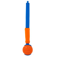 The Chuckit Fetch & Fold Launcher in blue and orange stands upright, featuring a matching ball. Its blue handle with an orange grip makes it ideal for easy ball launching at the dog park.