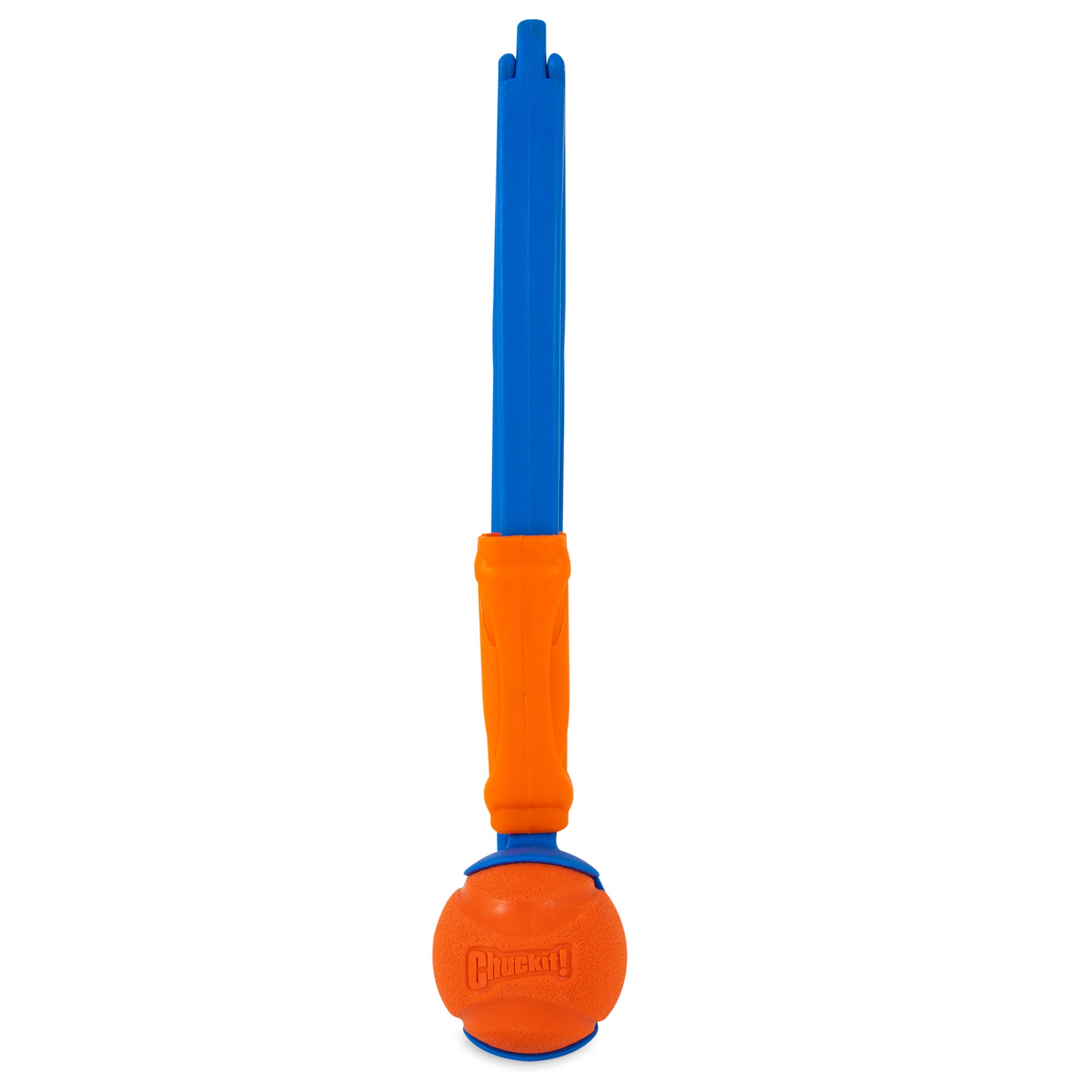 The Chuckit Fetch & Fold Launcher in blue and orange stands upright, featuring a matching ball. Its blue handle with an orange grip makes it ideal for easy ball launching at the dog park.