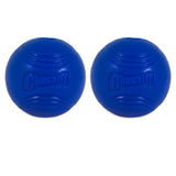 The Chuckit! Super Crunch Ball by Chuckit, made of durable TPR, showcases the Chuckit! logo on its blue rubber exterior. Displayed side by side on a white background, these balls offer endless enjoyment with their unique crackling sound.