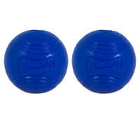 The Chuckit! Super Crunch Ball by Chuckit, made of durable TPR, showcases the Chuckit! logo on its blue rubber exterior. Displayed side by side on a white background, these balls offer endless enjoyment with their unique crackling sound.