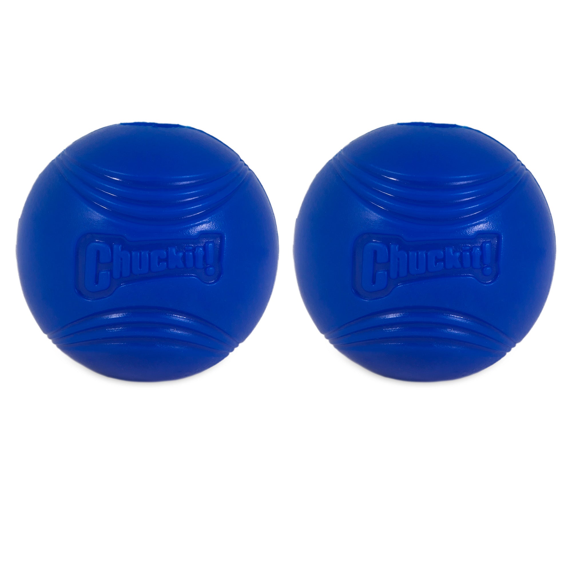 The Chuckit! Super Crunch Ball by Chuckit, made of durable TPR, showcases the Chuckit! logo on its blue rubber exterior. Displayed side by side on a white background, these balls offer endless enjoyment with their unique crackling sound.