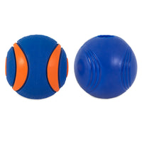 Two blue rubber balls from the Chuckit! Sonic Fetch Pack are perfect for play. The left one is textured with three orange stripes, while the right is smooth with grooves. An essential fetch pack from Chuckit for your furry friend.